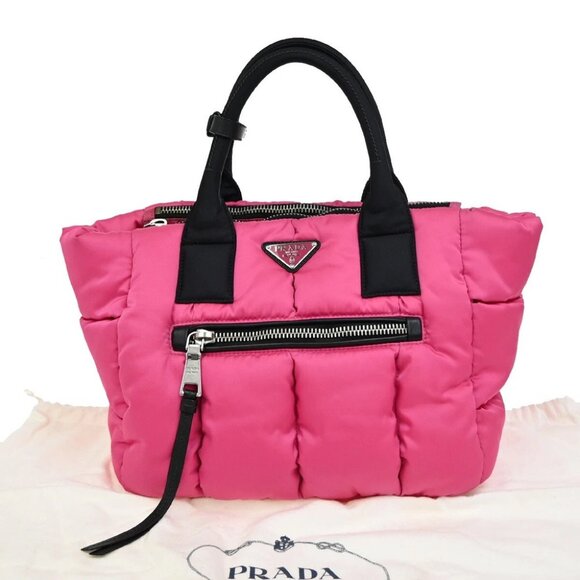 PRADA Logo Tessuto Bomber Hand Tote Bag Nylon Leather Pink Black - Picture 1 of 16